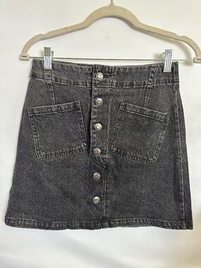 OAT New York | Black Denim Button Front Mini Skirt | Size 24